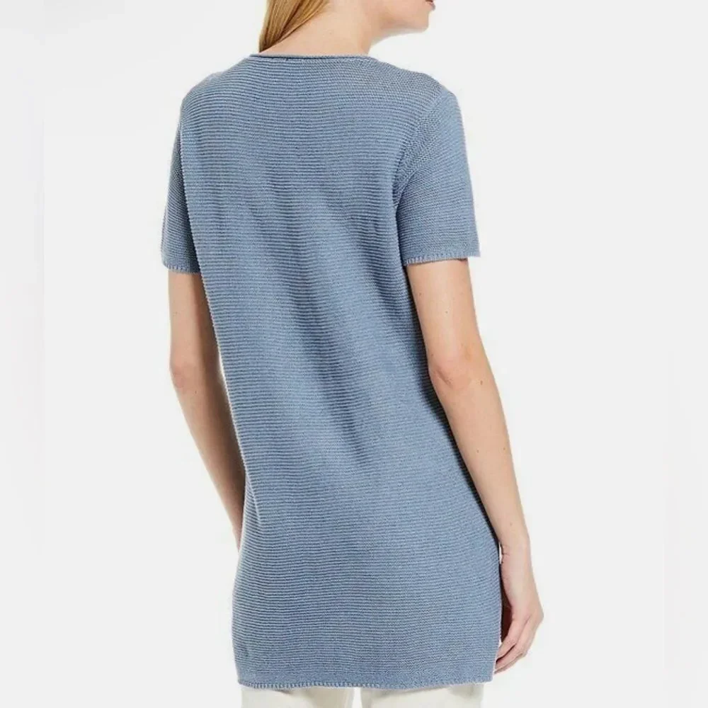 Eileen Fisher Blue Short-Sleeve Sweater with Striped Scarf